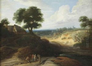 A Hilly Landscape With Figures Conversing On A Track, A Shepherd And His Cattle In The Distance