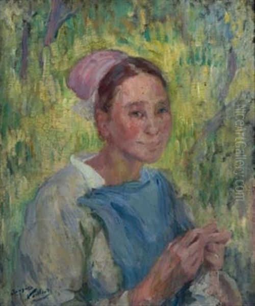 Young Girl Knitting - view 1