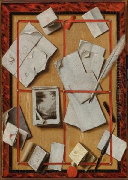 A Trompe L'oeil Still Life With Letters, A Notebook, A Drawing, A Quill, A Letter Opener And Red Sealing Wax - view 1
