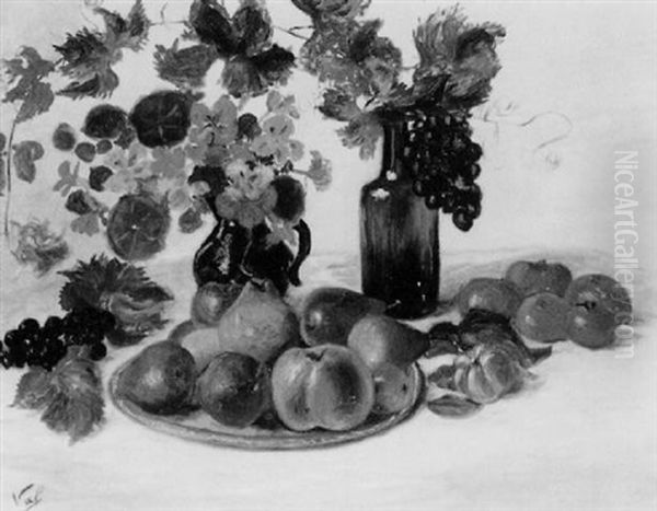 Nature Morte Aux Vases De Fleurs Et Plat De Fruits - view 1