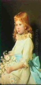 Portrait Of Marquerite De Neu-fville, Seated Half Length, Wearing A Cream Dress With A Blue Sash by Francesco Valaperta