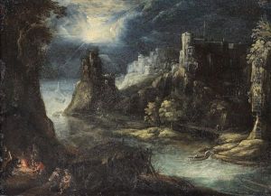 A Nocturnal River Landscape With A Castle And Peasants Near A Campfire by Frederick van Valckenborch