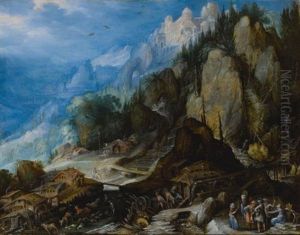 A Mountainous Village Landscape With Waterfalls, Mills, A Castle On A Hill, Various Animals, And Figures In The Foreground by Frederick van Valckenborch