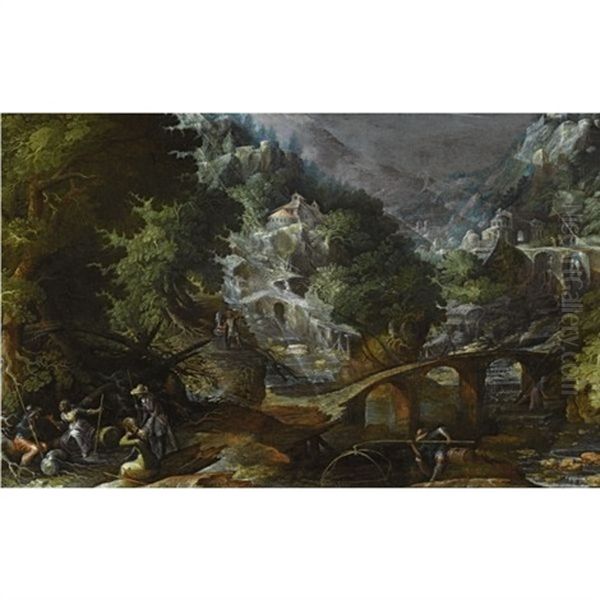 A Mountainous Forest Landscape With Several Bridges Crossing A River, With Figures Resting In The Foreground - view 1