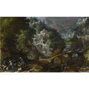 A Mountainous Forest Landscape With Several Bridges Crossing A River, With Figures Resting In The Foreground by Frederick van Valckenborch