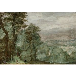 An Extensive Wooded Landscape With Travelers On A Path An Extensive Wooded Landscape With Travelers On A Path