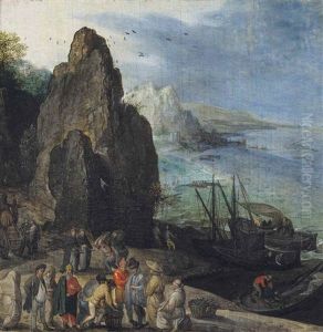 A Rocky Coastal Landscape With Fishermen And Merchants Near A Landing Stage by Gillis van Valckenborch