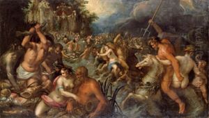 Fest Der Meeresgotter, Im Hintergrund Die Hochzeit Des Neptun Und Der Amphitrite by Gillis van Valckenborch