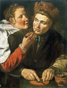 An Interior With A Man Wearing A Fur Hat And Cutting Tobacco, A Lady Handing Him A Pipe by Werner van den Valckert