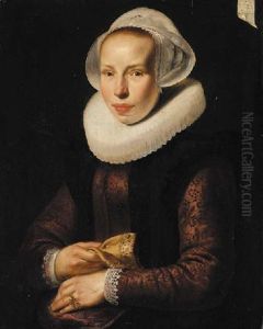 Portrait Of A Lady In An Embroidered Burgundy Bodice, With A White Ruff And White Cap, A Glove In Her Right Hand by Werner van den Valckert