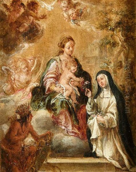 Vision De Santa Rosa De Lima Con La Virgen Y El Nino E Indio Venerandola Junto Al Blason De La Ciudad De Lima - view 1