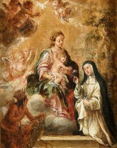 Vision De Santa Rosa De Lima Con La Virgen Y El Nino E Indio Venerandola Junto Al Blason De La Ciudad De Lima