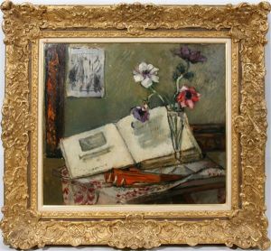 Still Life With Flowers And Open Book by Suzanne Valedon