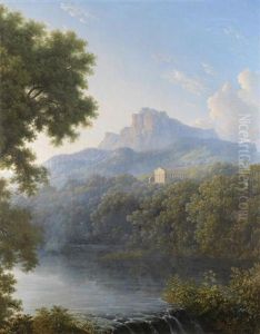 An Italianate Landscape With A Classical Temple Overlooking A Lake by Pierre-Henri de Valenciennes