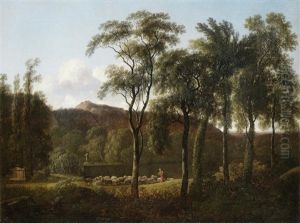A Shepherd And Flock In A Landscape With A Sculptural Herm Beside A Lake A Shepherd And Flock In A Landscape With A Sculptural Herm Beside A Lake