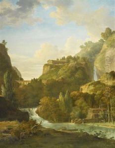 An Arcadian Landscape With A Classical Temple And Aqueduct by Pierre-Henri de Valenciennes