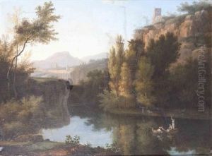 Paysage Au Lac Avec Des Jeunes Filles Sur Une Barque