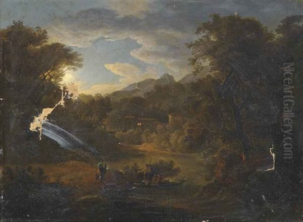 A River Landscape With Figures In A Boat, A Village Beyond - view 1
