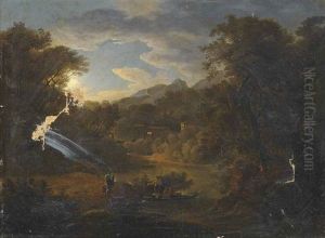 A River Landscape With Figures In A Boat, A Village Beyond by Pierre-Henri de Valenciennes