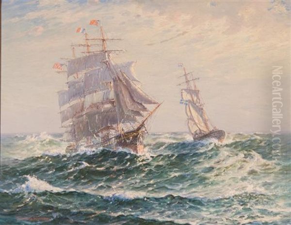 American And Swedish Ships Passing At Sea - view 1