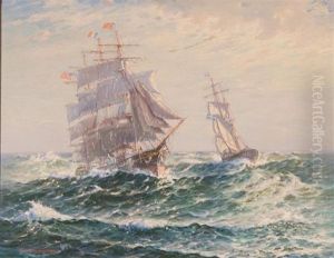 American And Swedish Ships Passing At Sea by Theodore Victor Carl Valenkamph