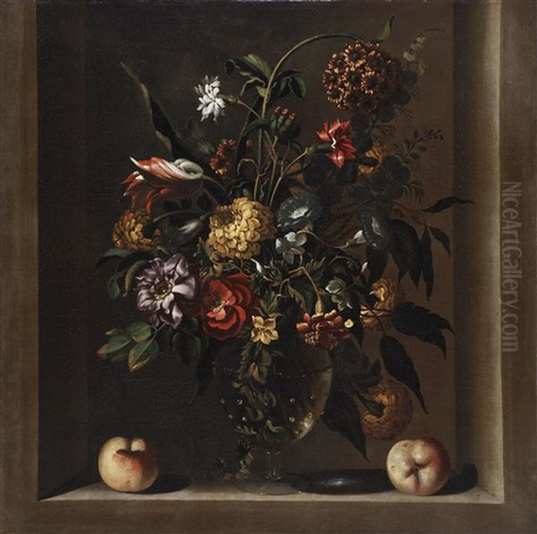 Jarron De Cristal Con Tulipanes, Rosas, Calendulas, Una Peonia, Claveles Y Diente De Leon En Un Nicho Con Dos Manzanas - view 1