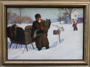 Snow Scene With Mailman With Horse-drawn Mail Cart Delivering Mail
