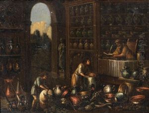 A Kitchen Interior With Maids Washing Pots by Giovanni Domenico Valentino