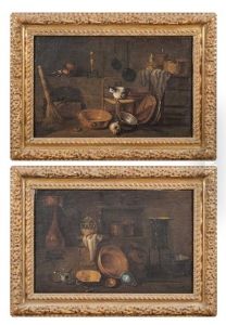 Interieur De Cuisine Avec Un Chat Et Interieur De Cuisine Avec Un Poele (pair) by Giovanni Domenico Valentino