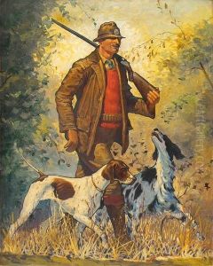 Striding Hunter With Two Dogs. by Harold Matthew Brett