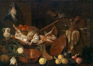 Groses Kuchenstillleben Mit Fischen, Wild, Gemuse, Fruchten Und Geschirr by Giovanni Domenico Valentino