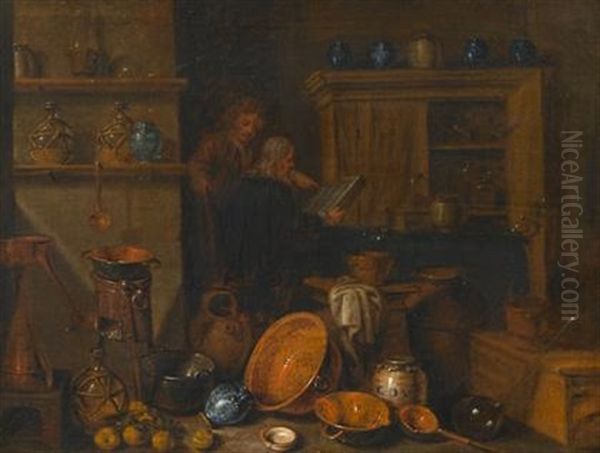 Figures Reading In A Kitchen Interior - view 1