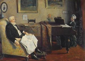 Illustration: Older Couple Relaxing In Interior, She Playing Piano. by Harold Matthew Brett