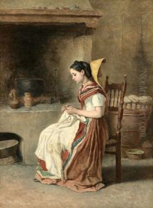 A Girl Sewing In The Kitchen A Girl Sewing In The Kitchen