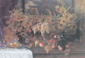 Herbstliches Stilleben Mit Obstschale, Gefulltem Romer, Laub Und Sonnenblumen by Georg Valka