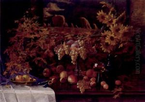 Herbstlisches Stilleben Mit Obstschale, Gefulltem Romer, Laub Und Sonnenblumen