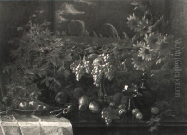 Stilleben Mit Obstschale, Gef_lltem Romer, Laub Und Sonnenblumen - view 1