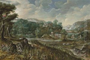 Allegory Of Summer(?): An Extensive Landscape With Peasants Harvesting Grapes And Wine-making, A Village Beyond by Marten van Valkenborch the Elder