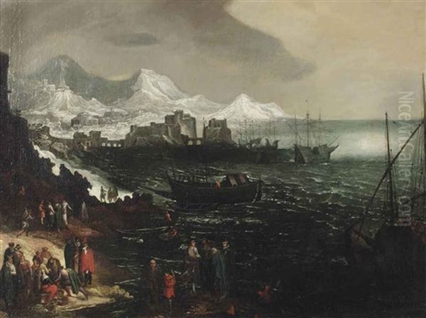 A Mediteranean Seascape With Shipping And Figures Along The Coast, A Harbour And A Mountainous Village Beyond - view 1