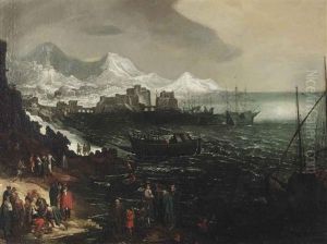 A Mediteranean Seascape With Shipping And Figures Along The Coast, A Harbour And A Mountainous Village Beyond by Marten van Valkenborch the Elder