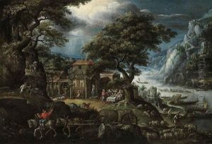 An Extensive, Mountainous, River Landscape, With Abraham And The Angels by Marten van Valkenborch the Elder