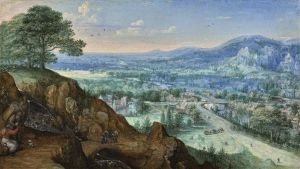 A View In The Taunus Near Bad Schwalbach, With Travellers Beside A Mountain Stream by Lucas Van Valkenborch