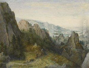 Rocky Landscape With Travellers On A Path, With A View Of A Town, Believed To Be Huy, In The Valley Beyond by Lucas Van Valkenborch