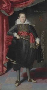 Portrait Of Freiherr Ernst Lobl Of Greinburg, Full-length, Aged 15, In A Gold Embroidered Black Costume And Black Cape, Holding A Hat With Red Ostrich Feathers, Before A Curtain by Lucas Van Valkenborch
