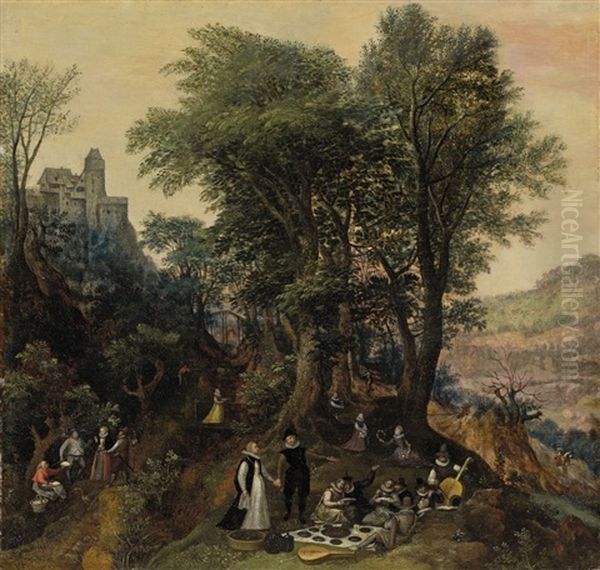 River Landscape In The Spring With Castle And Noblemen - view 1