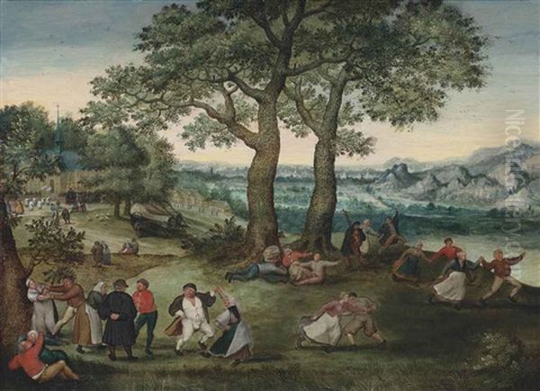 A Village Kermesse With A Church, A Mountainous Landscape Beyond - view 1