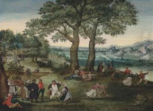 A Village Kermesse With A Church, A Mountainous Landscape Beyond by Lucas Van Valkenborch