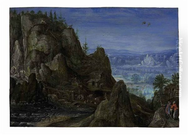 An Extensive Rocky Landscape With Travellers On A Path And A Mill Beyond - view 1