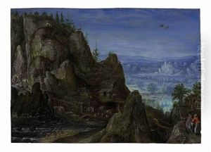 An Extensive Rocky Landscape With Travellers On A Path And A Mill Beyond by Lucas Van Valkenborch