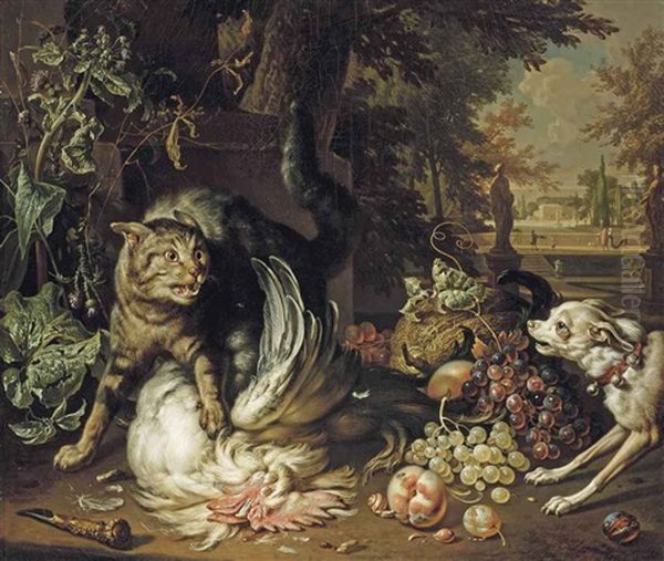 A Cat Protecting Game From A Dog In A Landscape - view 1
